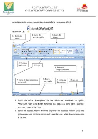 PLAN NACIONAL DE
CAPACITACIÓN COOPERATIVA
6
Inmediatamente se nos mostrará en la pantalla la ventana de Word.
VENTANA DE
1. Botón de office: Reemplaza de las versiones anteriores la opción
ARCHIVO. Con este botón tenemos las opciones para abrir, guardar,
imprimir nuevo entre otros.
2. Barra de acceso rápido: Permite disponer de accesos rápidos para las
opciones de uso corriente como abrir, guardar, etc., y las determinadas por
el usuario.
3. Barra de
titulo
1. Botón de
office
2. Barra de
acceso rápido
4. Cinta de
opciones 5. Regla
6. Barra de
desplazamiento
vertical
7. Barra de desplazamiento
horizontal
8. Barra
de estado
9. Vistas de
documento
10. Zoom
 
