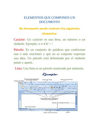 ELEMENTOS QUE COMPONEN UN 
DOCUMENTO 
Un documento puede contener los siguientes 
elementos: 
Carácter: Un carácter es una letra, un número o un 
símbolo. Ejemplo: o n 4 6! > / 
Párrafo: Es un conjunto de palabras que conforman 
una o más oraciones y que en su conjunto expresan 
una idea. Un párrafo está delimitado por el símbolo 
punto y aparte. 
Lista: Una lista es un párrafo numerado por números. 
Ejemplo: 
 