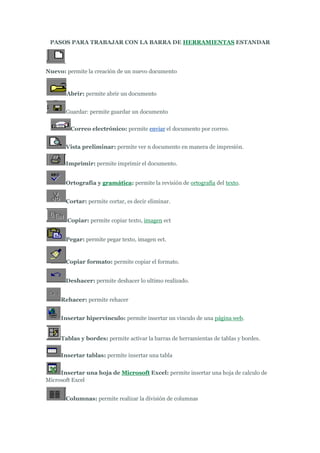 PASOS PARA TRABAJAR CON LA BARRA DE HERRAMIENTAS ESTANDAR




Nuevo: permite la creación de un nuevo documento


       Abrir: permite abrir un documento


       Guardar: permite guardar un documento

         Correo electrónico: permite enviar el documento por correo.


       Vista preliminar: permite ver n documento en manera de impresión.

       Imprimir: permite imprimir el documento.


       Ortografía y gramática: permite la revisión de ortografía del texto.


       Cortar: permite cortar, es decir eliminar.


        Copiar: permite copiar texto, imagen ect


       Pegar: permite pegar texto, imagen ect.


       Copiar formato: permite copiar el formato.


       Deshacer: permite deshacer lo ultimo realizado.


     Rehacer: permite rehacer


     Insertar hipervínculo: permite insertar un vinculo de una página web.


     Tablas y bordes: permite activar la barras de herramientas de tablas y bordes.

     Insertar tablas: permite insertar una tabla


     Insertar una hoja de Microsoft Excel: permite insertar una hoja de calculo de
Microsoft Excel


       Columnas: permite realizar la división de columnas
 