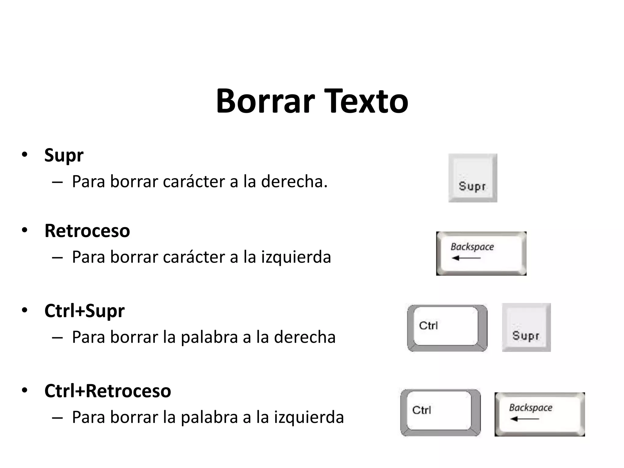 Borrar Texto
• Supr
– Para borrar carácter a la derecha.
• Retroceso
– Para borrar carácter a la izquierda
• Ctrl+Supr
– Para borrar la palabra a la derecha
• Ctrl+Retroceso
– Para borrar la palabra a la izquierda
 