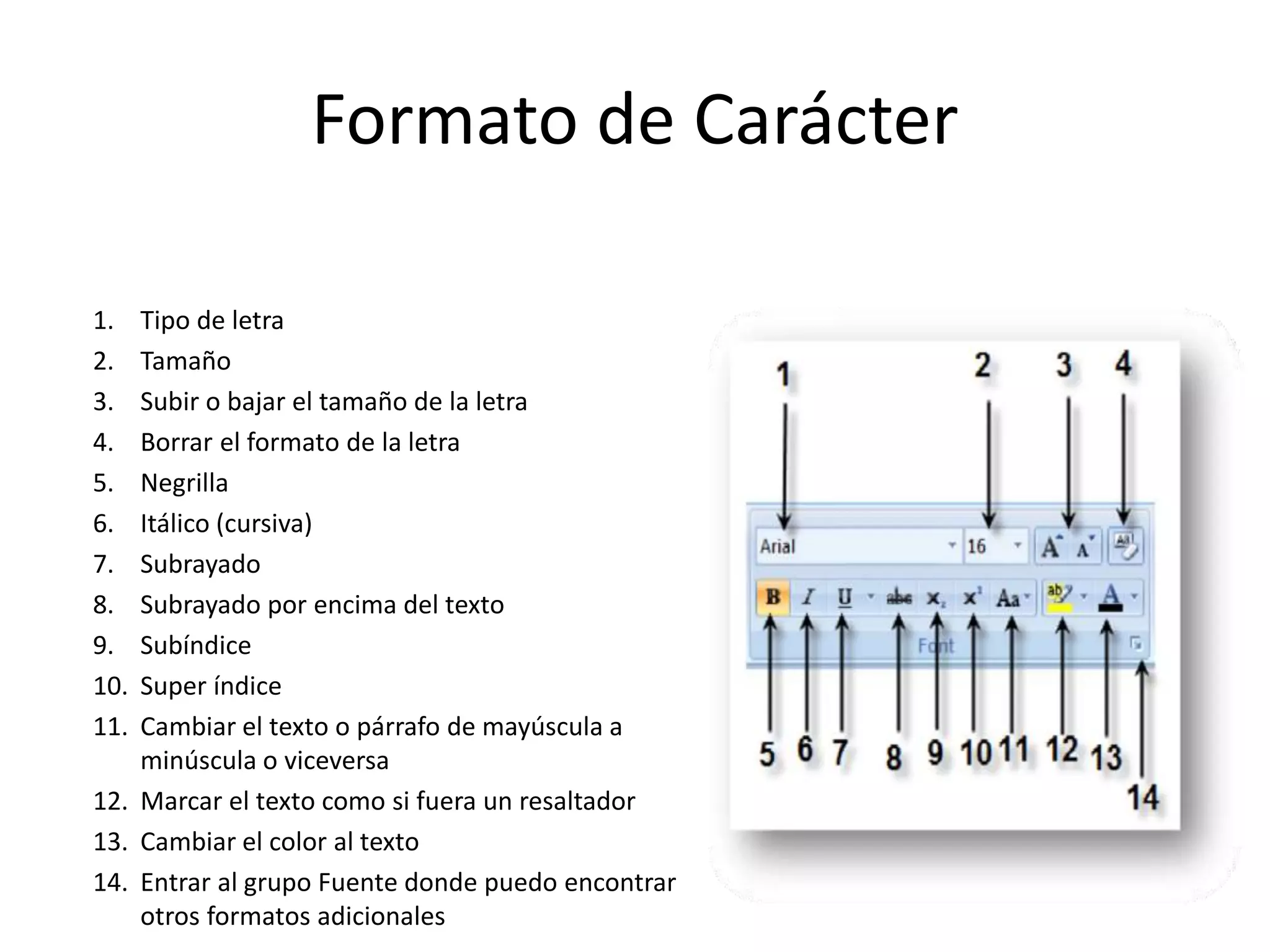 Formato de Carácter
1. Tipo de letra
2. Tamaño
3. Subir o bajar el tamaño de la letra
4. Borrar el formato de la letra
5. Negrilla
6. Itálico (cursiva)
7. Subrayado
8. Subrayado por encima del texto
9. Subíndice
10. Super índice
11. Cambiar el texto o párrafo de mayúscula a
minúscula o viceversa
12. Marcar el texto como si fuera un resaltador
13. Cambiar el color al texto
14. Entrar al grupo Fuente donde puedo encontrar
otros formatos adicionales
 