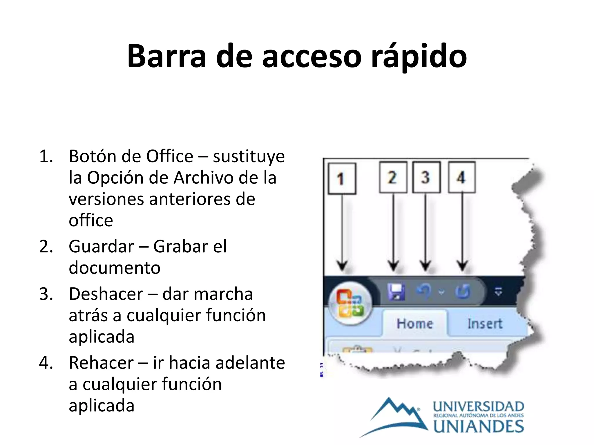 Barra de acceso rápido
1. Botón de Office – sustituye
la Opción de Archivo de la
versiones anteriores de
office
2. Guardar – Grabar el
documento
3. Deshacer – dar marcha
atrás a cualquier función
aplicada
4. Rehacer – ir hacia adelante
a cualquier función
aplicada
 