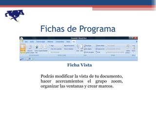 Fichas de Programa Ficha Vista Podrás modificar la vista de tu documento, hacer acercamientos el grupo zoom, organizar las ventanas y crear marcos. 