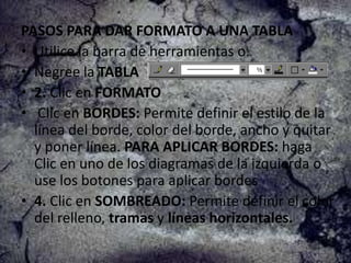 PASOS PARA DAR FORMATO A UNA TABLA
• Utilice la barra de herramientas o.
• Negree la TABLA
• 2. Clic en FORMATO
• Clic en BORDES: Permite definir el estilo de la
línea del borde, color del borde, ancho y quitar
y poner línea. PARA APLICAR BORDES: haga
Clic en uno de los diagramas de la izquierda o
use los botones para aplicar bordes
• 4. Clic en SOMBREADO: Permite definir el color
del relleno, tramas y líneas horizontales.

 