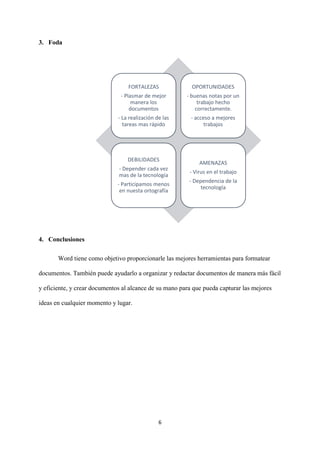6
3. Foda
4. Conclusiones
Word tiene como objetivo proporcionarle las mejores herramientas para formatear
documentos. También puede ayudarlo a organizar y redactar documentos de manera más fácil
y eficiente, y crear documentos al alcance de su mano para que pueda capturar las mejores
ideas en cualquier momento y lugar.
FORTALEZAS
- Plasmar de mejor
manera los
documentos
- La realización de las
tareas mas rápido
OPORTUNIDADES
- buenas notas por un
trabajo hecho
correctamente.
- acceso a mejores
trabajos
DEBILIDADES
- Depender cada vez
mas de la tecnología
- Participamos menos
en nuesta ortografía
AMENAZAS
- Virus en el trabajo
- Dependencia de la
tecnología
 