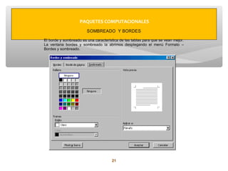 PAQUETES COMPUTACIONALES
                        SOMBREADO Y BORDES

El borde y sombreado es una característica de las tablas para que se vean mejor.
La ventana bordes y sombreado la abrimos desplegando el menú Formato –
Bordes y sombreado.




                                      21
 