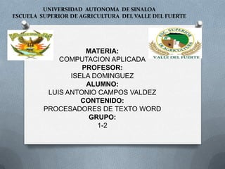UNIVERSIDAD AUTONOMA DE SINALOA
ESCUELA SUPERIOR DE AGRICULTURA DEL VALLE DEL FUERTE
MATERIA:
COMPUTACION APLICADA
PROFESOR:
ISELA DOMINGUEZ
ALUMNO:
LUIS ANTONIO CAMPOS VALDEZ
CONTENIDO:
PROCESADORES DE TEXTO WORD
GRUPO:
1-2
 