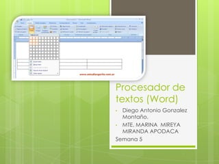 Procesador de
textos (Word)
• Diego Antonio Gonzalez
  Montaño.
• MTE. MARINA MIREYA
  MIRANDA APODACA
Semana 5
 