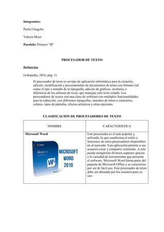 Integrantes:
Paola Chugcho
Valeria Muso
Paralelo: Primero “B”
PROCESADOR DE TEXTO
Definición
(wikipedia, 2016, pág. 1)
El procesador de texto es un tipo de aplicación informática para la creación,
edición, modificación y procesamiento de documentos de texto con formato (tal
como el tipo y tamaño de la tipografía, adición de gráficos, etcétera), a
diferencia de los editores de texto, que manejan solo texto simple. Los
procesadores de textos son una clase de software con múltiples funcionalidades
para la redacción, con diferentes tipografías, tamaños de letras o caracteres,
colores, tipos de párrafos, efectos artísticos y otras opciones.
CLASIFICACIÓN DE PROCESADORES DE TEXTO
NOMBRE CARACTERISTICA
Microsoft Word Este procesador es el más popular y
utilizado, lo que condiciona el estilo y
funciones de otros procesadores disponibles
en el mercado. Esta aplicación permite a sus
usuarios crear y compartir contenido. A este
puede otorgársele diversos aspectos gracias
a la variedad de herramientas que presenta
el software. Microsoft Word forma parte del
paquete de Microsoft Office y se caracteriza
por ser de fácil uso. Este procesador de texto
debe ser abonado por los usuarios para su
uso.
 