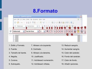 8.Formato




1. Estilo y Formato.   7. Alinear a la izquierda.   13. Reducir sangría.

2. Fuente.             8. Centrado.                 14. Aumentar sangría.

3. Tamaño de fuente.   9. Alinear a la derecha.     15. Color del carácter.

4. Negrita.            10. Justificado.             16. Fondo del carácter.

5. Cursiva.            11. Act/desact numeración.   17. Color de fondo.

6. Subrayado.          12. Act/desact viñetas.      18. Añadir opciones.
 