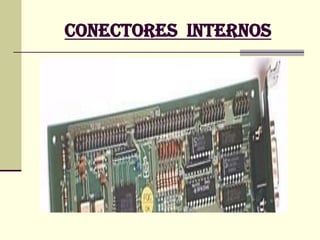 Conectores  internosBajo esta denominación englobamos a los conectores para dispositivos internos, como puedan ser la disquetera, el disco duro, el CD-ROM o el altavoz interno, e incluso para los puertos serie, paralelo y de joystick si la placa no es de formato ATX.En las placas base antiguas el soporte para estos elementos se realizaba mediante una tarjeta auxiliar, llamada de Input/Output o simplemente de I/O, como la de la siguiente foto; pero ya desde la época de los 486 se hizo común integrar los chips controladores de estos dispositivos en la placa base, o al menos los correspondientes a discos duros y disquetera.