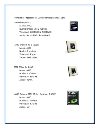 -Principales Procesadores Que Podemos Encontrar Son:
-Am3 Phenom llx2
Marca: AMD.
Nucleo: Ofrece solo 2 núcleos.
Velocidad: 1.800 MHz a 2.000 MHz
zócalo: Socket AM2+Socket AM3
-AMD phenom ll x 6 1100T:
Marca: AMD
Nucleo: 6 nucleos.
Velocidad: 3.3ghz
Zocalo: AM3 125W.
AMD AThol ll x 3 45T:
Marca: AMD
Nucleo: 3 núcleos.
Velocidad: 2,9 GHz
Zócalo: 45nm.
-AMD Opteron 6172 SE de 12 núcleos 2.3GHZ:
Marca: AMD
Núcleo: 12 núcleos.
Velocidad: 2.3 GHZ
Zócalo: G34
 