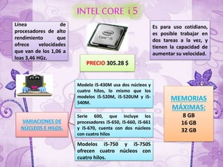INTEL CORE i5
Línea de
procesadores de alto
rendimiento que
ofrece velocidades
que van de los 1,06 a
loas 3,46 HGz.
Es para uso cotidiano,
es posible trabajar en
dos tareas a la vez, y
tienen la capacidad de
aumentar su velocidad.
VARIACIONES DE
NÚCLEOS E HILOS.
Modelo i5-430M usa dos núcleos y
cuatro hilos, lo mismo que los
modelos i5-520M, i5-520UM y i5-
540M.
Serie 600, que incluye los
procesadores i5-650, i5-660, i5-661
y i5-670, cuenta con dos núcleos
con cuatro hilos
Modelos i5-750 y i5-750S
ofrecen cuatro núcleos con
cuatro hilos.
MEMORIAS
MÁXIMAS:
8 GB
16 GB
32 GB
PRECIO 305.28 $
 