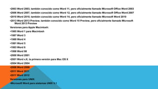 •2003 Word 2003, también conocido como Word 11, pero oficialmente llamado Microsoft Office Word 2003 
•2006 Word 2007, también conocido como Word 12, pero oficialmente llamado Microsoft Office Word 2007 
•2010 Word 2010, también conocido como Word 14, pero oficialmente llamado Microsoft Word 2010 
•2013 Word 2013 Preview, también conocido como Word 15 Preview, pero oficialmente llamado Microsoft 
Word 2013 Preview 
Versiones para Apple Macintosh: 
•1985 Word 1 para Macintosh 
•1987 Word 3 
•1989 Word 4 
•1991 Word 5 
•1993 Word 6 
•1998 Word 98 
•2000 Word 2001 
•2001 Word v.X, la primera versión para Mac OS X 
•2004 Word 2004 
•2008 Word 2008 
•2011 Word 2011 
•2011 Word 2012 
Versiones para UNIX: 
•Microsoft Word para sistemas UNIX 5.1 
 