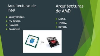 Arquitecturas de
Intel
 Sandy Bridge.
 Ivy Bridge.
 Haswell.
 Broadwell.
Arquitecturas
de AMD
 Llano.
 Trinity.
 Kaveri.
 