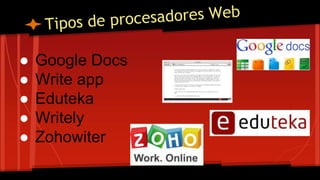 ● Google Docs
● Write app
● Eduteka
● Writely
● Zohowiter
 