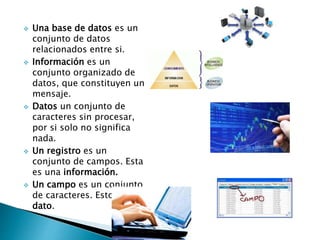 Una base de datos es un
conjunto de datos
relacionados entre si.
 Información es un
conjunto organizado de
datos, que constituyen un
mensaje.
 Datos un conjunto de
caracteres sin procesar,
por si solo no significa
nada.
 Un registro es un
conjunto de campos. Esta
es una información.
 Un campo es un conjunto
de caracteres. Esto es un
dato.
 