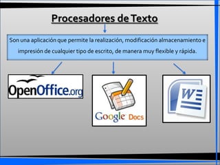 Procesadores de Texto
Son una aplicación que permite la realización, modificación almacenamiento e
   impresión de cualquier tipo de escrito, de manera muy flexible y rápida.
 