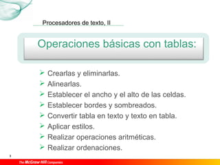 Procesadores de texto, II
3
Operaciones básicas con tablas:
 Crearlas y eliminarlas.
 Alinearlas.
 Establecer el ancho y el alto de las celdas.
 Establecer bordes y sombreados.
 Convertir tabla en texto y texto en tabla.
 Aplicar estilos.
 Realizar operaciones aritméticas.
 Realizar ordenaciones.
 