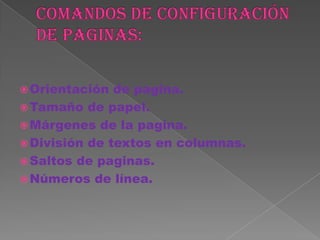  Orientación  de pagina.
 Tamaño de papel.
 Márgenes de la pagina.
 División de textos en columnas.
 Saltos de paginas.
 Números de línea.
 