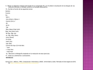 4.- Dibuje un diagrama a bloques del teclado de un computador PC y en él señale la localización de los bloques de: las
teclas de funciones, el teclado numérico y el teclado alfanumérico.
15.- Escriba la función de las siguientes teclas:
Nombre
Función
Esc
Shift 
intro (Enter) o Return 
Control (Ctrl) o ^
Alt
Alt Gr
Tab
Bloq. Mayus (Caps Lock)
Bloq. Num (Num Lock)
Re Pág. (Pág. Up)
Av. Pág. (Pág. Down)
Inicio (Home)
Fin (End)
Insert (Ins)
Supr (Del)
Control+Alt+Supr (Ctrl+Alt+Del)
^ Inter
+Impr Pant
^+Impr Pant
16.- Mencione la bibliografía empleada en la resolución de estos ejercicios.
17.- Anote sus comentarios o conclusiones.
REFERECIAS
García Cué J. (México, 1993). Computación I Informática y BASIC. Universidad La Salle. Revisado el 26 de Agosto de 2012
de: http://colposfesz.galeon.com/libro/menus.htm
 