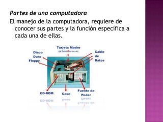 Partes de una computadora
El manejo de la computadora, requiere de
conocer sus partes y la función específica a
cada una de ellas.
 
