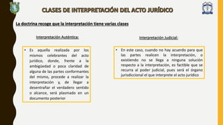 La doctrina recoge que la interpretación tiene varias clases
Interpretación Auténtica:
• Es aquella realizada por los
mismos celebrantes del acto
jurídico, donde, frente a la
ambigüedad o poca claridad de
alguna de las partes conformantes
del mismo, procede a realizar la
interpretación y, de llegar a
desentrañar el verdadero sentido
o alcance, será plasmado en un
documento posterior
Interpretación Judicial:
• En este caso, cuando no hay acuerdo para que
las partes realicen la interpretación, o
existiendo no se llega a ninguna solución
respecto a la interpretación, es factible que se
recurra al poder judicial, pues será el órgano
jurisdiccional el que interprete el acto jurídico
 