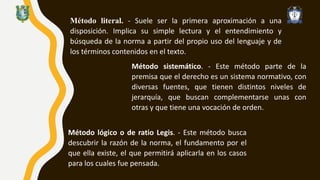 Método literal. - Suele ser la primera aproximación a una
disposición. Implica su simple lectura y el entendimiento y
búsqueda de la norma a partir del propio uso del lenguaje y de
los términos contenidos en el texto.
Método sistemático. - Este método parte de la
premisa que el derecho es un sistema normativo, con
diversas fuentes, que tienen distintos niveles de
jerarquía, que buscan complementarse unas con
otras y que tiene una vocación de orden.
Método lógico o de ratio Legis. - Este método busca
descubrir la razón de la norma, el fundamento por el
que ella existe, el que permitirá aplicarla en los casos
para los cuales fue pensada.
 