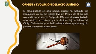 La conceptuación del acto jurídico, aunque no explicada, fue
incorporada en nuestro Código Civil de 1936 y, de él, ha sido
receptada por el vigente Código de 1984 con el nomen iuris de
acto jurídico, no obstante que la doctrina bajo el influjo del
Código Civil alemán, ya venía difundiendo el concepto de negocio
jurídico, la Teoría del Acto Jurídico
 