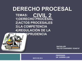 DERECHO PROCESAL 
CIVIL 2 
BACHILLER 
YELITZI CHAPARRO 10346747 
PROFESOR: 
DR. GORRÍN LUIS 
TEMAS: 
1)DERECHO PROCESAL 
2)ACTOS PROCESALES 
3)LA COMPETENCIA 
4)REGULACIÓN DE LA 
JURISPRUDENCIA 
MAYO DE 2014 
 