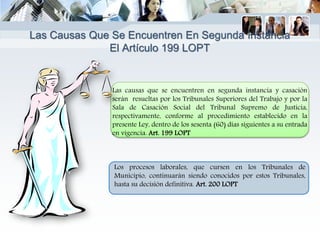Las causas que se encuentren en segunda instancia y casación
serán resueltas por los Tribunales Superiores del Trabajo y por la
Sala de Casación Social del Tribunal Supremo de Justicia,
respectivamente, conforme al procedimiento establecido en la
presente Ley, dentro de los sesenta (60) días siguientes a su entrada
en vigencia. Art. 199 LOPT
Los procesos laborales, que cursen en los Tribunales de
Municipio, continuarán siendo conocidos por estos Tribunales,
hasta su decisión definitiva. Art. 200 LOPT
Las Causas Que Se Encuentren En Segunda Instancia
El Artículo 199 LOPT
 
