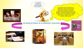 LOS MEDIOS DE PRUEBA, DE SU PROMOCIÓN Y EVACUACIÓN
las pruebas escritas, Exhibición de
documentos, tacha de Instrumentos,
Reconocimientos de Instrumentos
privados, de la prueba de experticia, de
testigos, de tacha de testigos, declaración
de parte, de las reproducciones, copias y
experimentos, Inspección Judicial e
Indicios y Presunciones.
Su finalidad
acreditar los
hechos expuestos
por las partes
 