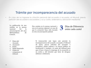 Trámite por incomparecencia del acusado
• En caso de no lograrse la citación personal del acusado o acusada, el tribunal, previa
petición del acusador o acusadora, y a su costa, ordenará su ubicación mediante:
La publicación de tres
carteles en la prensa
nacional. En la
circunscripción del área
Metropolitana de
Caracas.
Dos carteles en la prensa nacional y
uno en la prensa regional, en caso de
que la acusación haya sido incoada
en otra circunscripción judicial.
Días de Diferencia
entre cada cartel
 Datos del
Acusado
 Acusación
 Fecha.
 Delito Imputado
 Orden de
comparecer al
tribunal
Si transcurrido este lapso aún persiste la
incomparecencia del acusado o acusada, el tribunal
de juicio, previa solicitud del acusador o
acusadora, podrá ordenar a la fuerza pública su
localización y traslado a la sede del tribunal para
que el Juez o Jueza lo imponga de la acusación en
su contra y del derecho que tiene de designar
defensor o defensora.
 