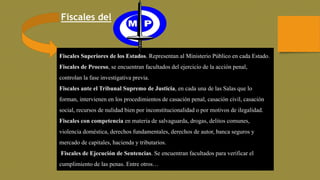 Fiscales del
Fiscales Superiores de los Estados. Representan al Ministerio Público en cada Estado.
Fiscales de Proceso, se encuentran facultados del ejercicio de la acción penal,
controlan la fase investigativa previa.
Fiscales ante el Tribunal Supremo de Justicia, en cada una de las Salas que lo
forman, intervienen en los procedimientos de casación penal, casación civil, casación
social, recursos de nulidad bien por inconstitucionalidad o por motivos de ilegalidad.
Fiscales con competencia en materia de salvaguarda, drogas, delitos comunes,
violencia doméstica, derechos fundamentales, derechos de autor, banca seguros y
mercado de capitales, hacienda y tributarios.
Fiscales de Ejecución de Sentencias. Se encuentran facultados para verificar el
cumplimiento de las penas. Entre otros…
 