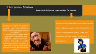 El Juez, concepto, Rol del Juez
Órganos de Policía de Investigación, Facultades.
Los jueces se erigen como garantes
de que las partes actuaran de buena
fe, tal como lo establece el articulo
102 del COPP.
El Juez de Control, durante la fase
preparatoria e intermedia, hará
respetar las garantías procesales,
decretara las medidas de coerción
que fueren pertinentes, realizará la
audiencia preliminar y aplicara el
procedimiento por admisión de los
hechos.
son auxiliares del Ministerio Público para adelantar
las investigaciones, estos son los funcionarios a los
cuales la ley acuerda tal carácter y todo otro
funcionario que deba cumplir las funciones de
investigación .
 