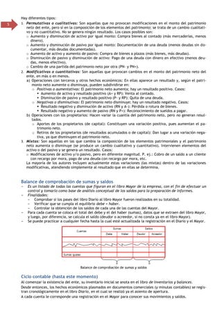 5
Hay diferentes tipos:
1. Permutativas o cualitativas: Son aquellas que no provocan modificaciones en el monto del patrimonio
neto del ente, pero sí en la composición de los elementos del patrimonio; se trata de un cambio cualitati-
vo y no cuantitativo. No se genera ningún resultado. Los casos posibles son:
o Aumento y disminución de activo por igual monto: Compra bienes al contado (más mercaderías, menos
dinero).
o Aumento y disminución de pasivo por igual monto: Documentación de una deuda (menos deudas sin do-
cumentar, más deudas documentadas).
o Aumento de activo y aumento de pasivo: Compra de bienes a plazos (más bienes, más deudas).
o Disminución de pasivo y disminución de activo: Pago de una deuda con dinero en efectivo (menos deu-
das, menos efectivo).
o Cambio de una partida del patrimonio neto por otra (PN– y PN+).
2. Modificativas o cuantitativas: Son aquellas que provocan cambios en el monto del patrimonio neto del
ente, en más o en menos.
a) Operaciones con terceros y otros hechos económicos: En ellas aparece un resultado y, según el patri-
monio neto aumente o disminuya, pueden subdividirse en:
o Positivas o aumentativas: El patrimonio neto aumenta; hay un resultado positivo. Casos:
 Aumento de activo y resultado positivo (A+ y RP): Venta al contado.
 Disminución de pasivo y resultado positivo (P- y RP): Quita de una deuda.
o Negativas o disminutivas: El patrimonio neto disminuye; hay un resultado negativo. Casos:
 Resultado negativo y disminución de activo (RN y A-): Pérdida o rotura de bienes.
 Resultado negativo y aumento de pasivo (RN y P+): Reconocimiento de sueldos a pagar.
b) Operaciones con los propietarios: Hacen variar la cuantía del patrimonio neto, pero no generan resul-
tados.
o Aportes de los propietarios (de capital): Constituyen una variación positiva, pues aumentan el pa-
trimonio neto.
o Retiros de los propietarios (de resultados acumulados o de capital): Dan lugar a una variación nega-
tiva, ya que disminuyen el patrimonio neto.
3. Mixtas: Son aquellas en las que cambia la composición de los elementos patrimoniales y el patrimonio
neto aumenta o disminuye (se produce un cambio cualitativo y cuantitativo). Intervienen elementos del
activo o del pasivo y se genera un resultado. Casos:
o Modificaciones de activo y/o pasivo, pero en diferente magnitud. P. ej.: Cobro de un saldo a un cliente
con recargo por mora, pago de una deuda con recargo por mora, etc.
La mayoría de los autores incluyen actualmente estas variaciones (las mixtas) dentro de las variaciones
modificativas, atendiendo simplemente al resultado que en ellas se determina.
Balance de comprobación de sumas y saldos
- Es un listado de todas las cuentas que figuran en el libro Mayor de la empresa, con el fin de efectuar un
control y tomarlo como base de análisis conceptual de los saldos para la preparación de informes.
- Finalidades:
- Comprobar si los pases del libro Diario al libro Mayor fueron realizados en su totalidad.
- Verificar que se cumpla el equilibrio debe = haber.
- Controlar la obtención de los saldos de cada una de las cuentas del Mayor.
- Para cada cuenta se coloca el total del debe y el del haber (sumas), datos que se extraen del libro Mayor,
y luego, por diferencia, se calcula el saldo (deudor o acreedor, si no consta ya en el libro Mayor).
- Se puede practicar a cualquier fecha hasta la cual esté actualizada la registración en el Diario y el Mayor.
Balance de comprobación de sumas y saldos
Ciclo contable (hasta este momento)
Al comenzar la existencia del ente, su inventario inicial se anota en el libro de Inventarios y balances.
Desde entonces, los hechos económicos plasmados en documentos comerciales (y minutas contables) se regis-
tran cronológicamente en el libro Diario, en el cual se realizó ya el asiento de apertura.
A cada cuenta le corresponde una registración en el Mayor para conocer sus movimientos y saldos.
 