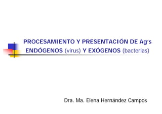 PROCESAMIENTO Y PRESENTACIÓN DE Ag’s
ENDÓGENOS (virus) Y EXÓGENOS (bacterias)




            Dra. Ma. Elena Hernández Campos
 