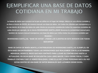 La bases de datos que conozco es la que se utiliza en mi lugar de trabajo, laboro en una oficina contable y
se lleva a través de EXCEL de manera manual una base de datos con todos los clientes que manejamos y a
su vez dentro de la base de datos de cada cliente se encuentra establecido todos los aspectos contables de
cada cliente por ejemplo, de el cliente INVERSIONES SANTILLANAS llevamos la contabilidad manual pero
también de manera manual manejamos una base de datos que indica todos los procesos contable que
llevamos :
INVERSIONES SANTILLAS, ‘’BASE DE DATOS’’: (TODOS LOS CLIENTES DE ESTA INVESIÓN CON TODOS
SUS DATOS’’
BASE DE DATOS DE MARÍA MONTILLA DISTRIBUIDORA DE INVERSIONES SANTILLAS (EJEMPLO): EN
ÉSTA BASE ENCONTRAREMOS TODAS LAS OPERACIONES QUE REALIZAMOS CON ELLA DE MANERA
INDIVIDUAL DESDE EL INICIO QUE NOS CONTRATÒ PARA LLEVAR SU CONTABLIDAD HASTA LA
ACTUALIDAD, EN DICHA BASE SE ENCUENTRA CADA LIBRO MAYOR, CADA CIERRE FISCAL Y CADA
TRABAJO CONTABLE QUE LE HEMOS REALIZADO, COMO ELLA HAY OTRAS PERSONAS QUE A SU VEZ
ESTAN DENTRO DE UNA BASE DE DATOS MANUALES QUE LLEVAMOS DESDE EXCEL.
 