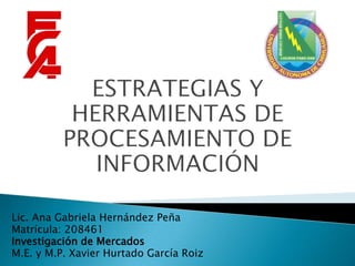 Lic. Ana Gabriela Hernández Peña
Matrícula: 208461
Investigación de Mercados
M.E. y M.P. Xavier Hurtado García Roiz
 