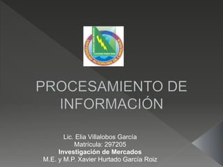 Lic. Elia Villalobos García
Matrícula: 297205
Investigación de Mercados
M.E. y M.P. Xavier Hurtado García Roiz
 