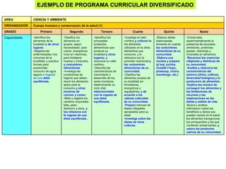 EJEMPLO DE PROGRAMA CURRICULAR DIVERSIFICADO

AREA          CIENCIA Y AMBIENTE
ORGANIZADOR   Cuerpo humano y conservación de la salud (1)
GRADO              Primero                Segundo                 Tercero                Cuarto                  Quinto                    Sexto
Capacidades   -Identifica los         -Clasifica los         -Identifica los      -Investiga el valor       -Elabora dietas      -Comprueba
              alimentos de la         alimentos en           principales          nutritivo y cultural de   balanceadas          experimentalmente la
              localidad y de otros    grupos, según          productos            los alimentos             tomando en cuenta    presencia de azucares,
              lugares                 necesidades: para      alimenticios que     utilizados en la dieta    las costumbres       almidones, proteínas,
              -Registra las           crecer, energéticos    produce su           alimenticia que           alimenticias de su   grasas, vitaminas y
              enfermedades más        ricos en vitaminas,    localidad y otros    consume, y lo             comunidad.           minerales en alimentos.
              comunes de la           para fortalecer        lugares; y           relaciona con la          -Elabora sus         -Reconoce las creencias
              localidad; y practica   huesos y músculos;     reconoce su valor    pirámide nutricional y    recetas y prepara    religiosas y dietéticas de
              formas para             y costumbres           nutritivo.           las costumbres            (p’isqi, juchha,     su comunidad.
              prevenirlas:            alimenticias.          -Describe las        alimenticias de su        chawlla t’impu,      -Analiza y relaciona las
              consumo de agua         -Investiga las         características de   comunidad.                phatasqa, chairo,    características del
              segura e ingesta        condiciones de         crecimiento y        -Clasifica los            mondongo, etc.)      entorno (clima, cultivos,
              de una dieta            higiene que deben      desarrollo de los    alimentos propios de                           diversidad biológica) y la
              equilibrada.            reunir los alimentos   seres humanos,       su localidad en:                               producción de alimentos.
                                      aptos para el          determinando su      formadores,                                    -Explica las manera de
                                      consumo y otras        ciclo vital,         energéticos y                                  conseguir los alimentos y
                                      maneras de             relacionándolo       reguladores, y de                              las limitaciones de
                                      cocinar y comer.       con la ingesta de    acuerdo a los                                  recursos y las
                                      -Mide y registra los   una dieta            valores culturales                             implicaciones en las
                                      cambios corporales:    equilibrada.         de su comunidad.                               dietas y estilos de vida
                                      talla, peso,                                -Prepara menues de                             -Busca y analiza
                                      dentición y otros, y                        dietas integrales,                             información sobre los
                                      los relaciona con                           apropiadas para su                             beneficios y daños que
                                      la ingesta de una                           edad                                           pueden causar en la salud
                                      dieta equilibrada..                         -Investiga sobre las                           los alimentos transgénicos,
                                                                                  dietas de otras                                los enriquecidos y los que
                                                                                  culturas.                                      contienen preservantes; y
                                                                                                                                 valora los productos
                                                                                                                                 nativos de su comunidad.
 
