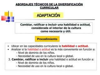 ABORDAJES TÉCNICOS DE LA DIVERSIFICACIÓN
                   CURRICULAR

                       ADAPTACIÓN

          Cambiar, ratificar o incluir una habilidad o actitud,
                 considerada al interior de la cultura
                         como necesaria y útil.

                        Procedimiento

• Ubicar en las capacidades curriculares la habilidad o actitud.
• Analizar si la habilidad o actitud es la más conveniente en función a:
      - Nivel de dominio de los niños.
      - Necesidad de uso en la cultura local o global.
 3. Cambiar, ratificar o incluir una habilidad o actitud en función a:
      - Nivel de dominio de los niños.
      - Necesidad de uso en la cultura local o global.
 