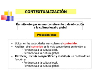 CONTEXTUALIZACIÓN


   Permite otorgar un marco referente o de ubicación
               a la cultura local o global

                    Procedimiento


• Ubicar en las capacidades curriculares el contenido.
• Analizar si el contenido es la más conveniente en función a:
        - Pertinencia a la cultura local.
        - Pertinencia a la cultura global.
• Ratificar, incluir o especificar y distribuir un contenido en
  función a:
        - Pertinencia a la cultura local.
        - Pertinencia a la cultura global.
 