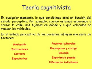 Teoría cognitivista En cualquier momento, lo que percibimos está en función del estado perceptivo. Por ejemplo, cuando estamos esperando a cruzar la calle,  nos fijamos en  dónde y a qué velocidad se mueven los vehículos. En el estado perceptivo de las personas influyen una serie de factores: Motivación Instrucciones Contexto Expectativas Factores culturales Recompensa y castigo Emoción Experiencia pasada Diferencias individuales 