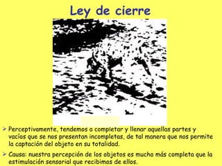 Ley de cierre Perceptivamente, tendemos a completar y llenar aquellas partes y vacíos que se nos presentan incompletas, de tal manera que nos permite la captación del objeto en su totalidad. Causa: nuestra percepción de los objetos es mucho más completa que la estimulación sensorial que recibimos de ellos. 