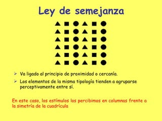 Ley de semejanza Va ligado al principio de proximidad o cercanía. Los elementos de la misma tipología tienden a agruparse perceptivamente entre sí. En este caso, los estímulos los percibimos en columnas frente a la simetría de la cuadrícula 