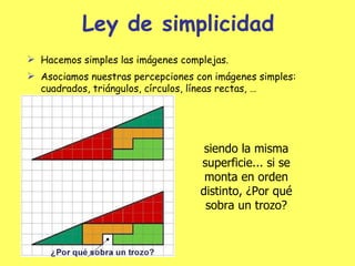Ley de simplicidad Hacemos simples las imágenes complejas. Asociamos nuestras percepciones con imágenes simples: cuadrados, triángulos, círculos, líneas rectas, … siendo la misma superficie... si se monta en orden distinto, ¿Por qué sobra un trozo? 