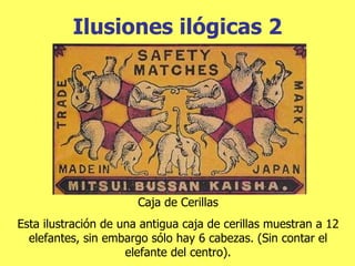 Ilusiones  ilógicas 2 Caja de Cerillas Esta ilustración de una antigua caja de cerillas muestran a 12 elefantes, sin embargo sólo hay 6 cabezas. (Sin contar el elefante del centro). 