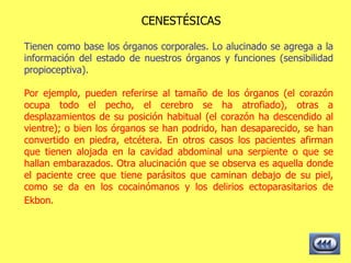 CENESTÉSICAS Tienen como base los órganos corporales. Lo alucinado se agrega a la información del estado de nuestros órganos y funciones (sensibilidad propioceptiva). Por ejemplo, pueden referirse al tamaño de los órganos (el corazón ocupa todo el pecho, el cerebro se ha atrofiado), otras a desplazamientos de su posición habitual (el corazón ha descendido al vientre); o bien los órganos se han podrido, han desaparecido, se han convertido en piedra, etcétera. En otros casos los pacientes afirman que tienen alojada en la cavidad abdominal una serpiente o que se hallan embarazados. Otra alucinación que se observa es aquella donde el paciente cree que tiene parásitos que caminan debajo de su piel, como se da en los cocainómanos y los delirios ectoparasitarios de Ekbon.   