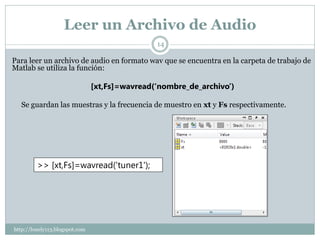 Leer un Archivo de Audio
                                                14

Para leer un archivo de audio en formato wav que se encuentra en la carpeta de trabajo de
Matlab se utiliza la función:

                                [xt,Fs]=wavread(‘nombre_de_archivo’)

   Se guardan las muestras y la frecuencia de muestro en xt y Fs respectivamente.




         >> [xt,Fs]=wavread('tuner1');




http://lonely113.blogspot.com
 